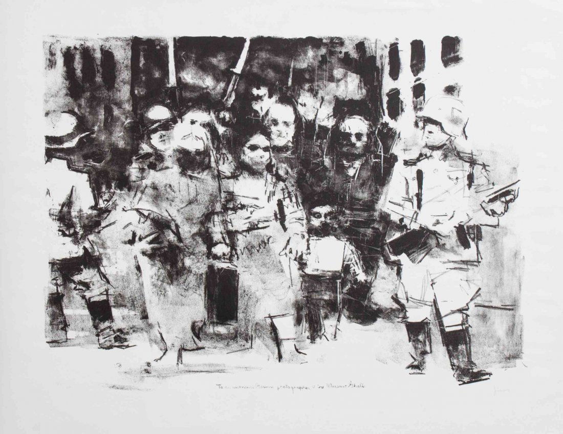 Jack Levine, (American, b. 1915), To an Unknown German: Jack Levine (American, b. 1915) To an Unknown German photographer in the Warsaw Ghetto lithograph edition 84/120, signed J. Levine and titled (lower center) 18 1/2 x 24 1/2 inches.