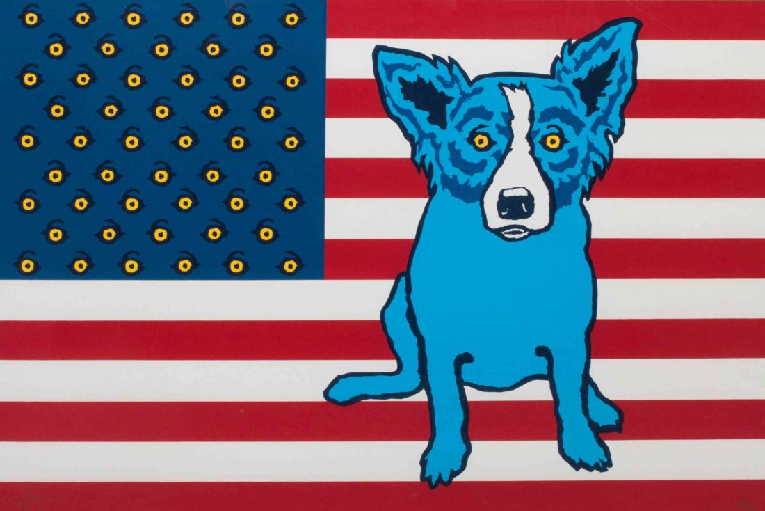George Rodrigue, (American, 1944-2013), Red, White and: George Rodrigue (American, 1944-2013) Red, White and Blues serigraph edition 44/100, signed Rodrigue (lower left) 22 x 32 1/2 inches.