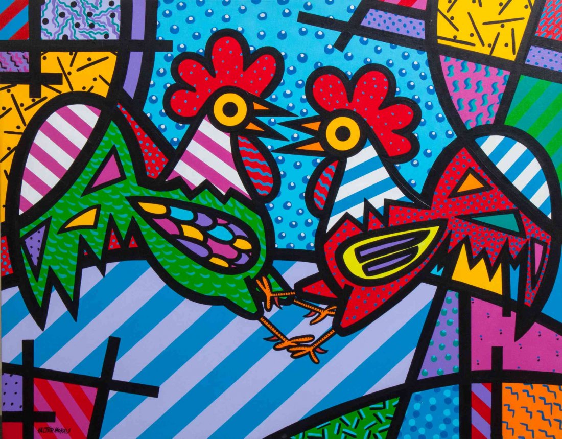 Valter de Morais, (Brazilian, b. 1948), Chickens, 2000: Valter de Morais (Brazilian, b. 1948) Chickens, 2000 oil on canvas signed V. Morais (lower left); signed and dated (verso) 36 x 46 inches.