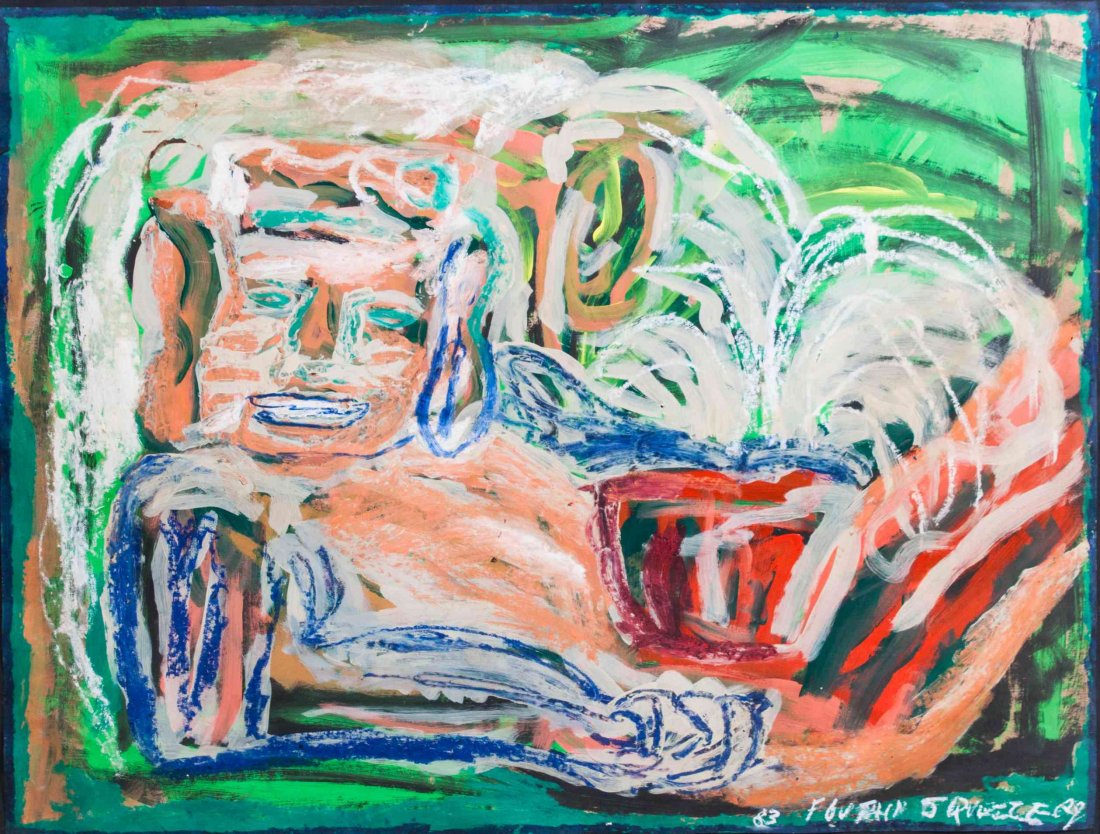 Roberto Juarez, (American, b. 1952), Squeeze Fountain,: Roberto Juarez (American, b. 1952) Squeeze Fountain, 1983 oil and acrylic on paper initialed R. J., titled and dated (lower right) 38 x 50 inches. Property from the Donald Shmauz Trust, Woodland House