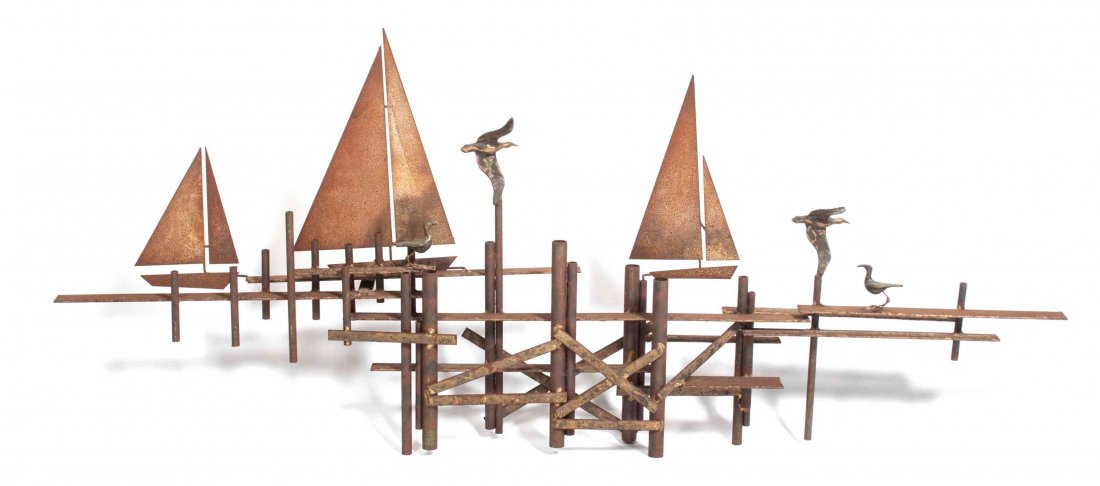 Curtis Jere, (American, 1917-2007), Sailboats and: Curtis Jere (American, 1917-2007) Sailboats and Seagulls, 1970 iron signed C. Jere and dated (to base) Length: 49 3/4 inches.
