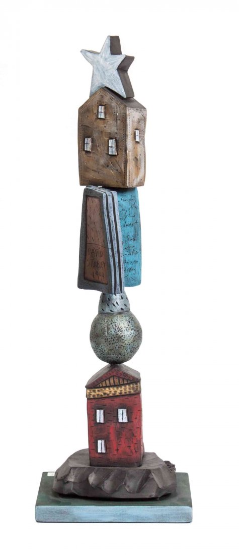 A Ceramic Sculpture, David Stabley, Height 21 1/2: A Ceramic Sculpture, David Stabley, depicting stacked houses and books. Height 21 1/2 inches.