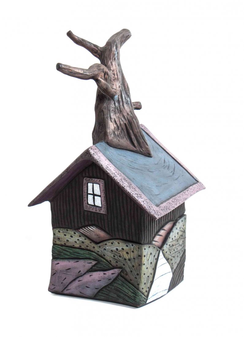 A Ceramic Sculpture, David Stabley, Height 14 inches.: A Ceramic Sculpture, David Stabley, depicting a house with a tree through the center. Height 14 inches.