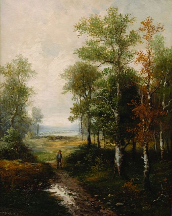 Frank Heath (American 1857-1921): Landscape with Boy on a Pathoil on canvassigned "F. Heath" (lower left)21 x 17 inches.