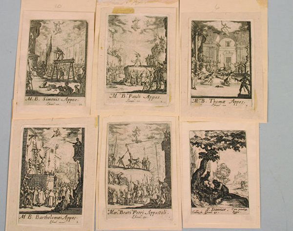 Jacques Callot (French, 1592-1635): Six etchings from the Apostles seriescopper engraving on papereach 2 1/2 x 2 inches.inscribed in the plate with title (lower edge)
