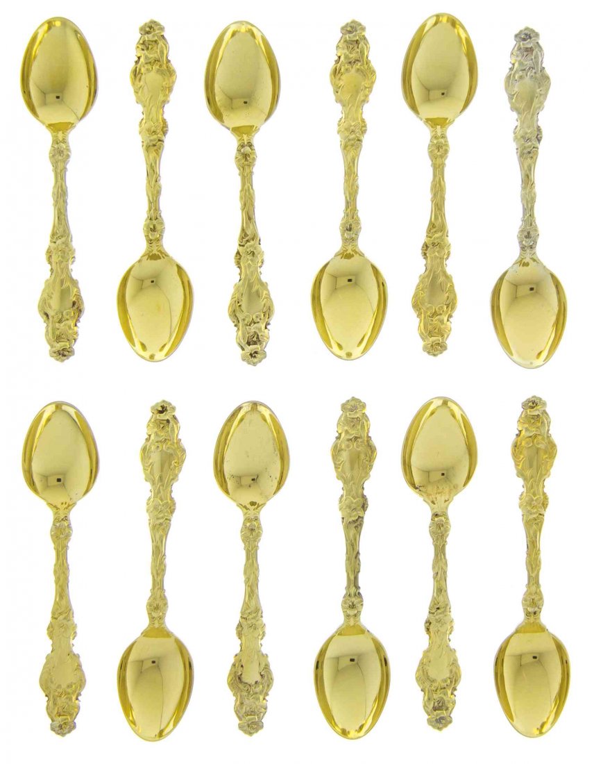 A Set of Twelve American Silver-Gilt Demitasse Spoons,: A Set of Twelve American Silver-Gilt Demitasse Spoons Gorham Mfg. Co., Providence, RI, 20th Century Virginiana pattern 4 ozt 17 dwt