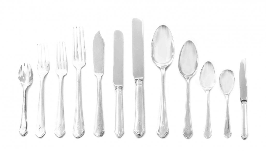 A German Silver Flatware Service, Lazarus Posen,: A German Silver Flatware Service Lazarus Posen, Frankfurt, Circa 1900 reeded handle with shaped rounded terminal, engraved with initial S, comprising 9 dinner knives 9 dinner forks 9 lunch knives 8 lu