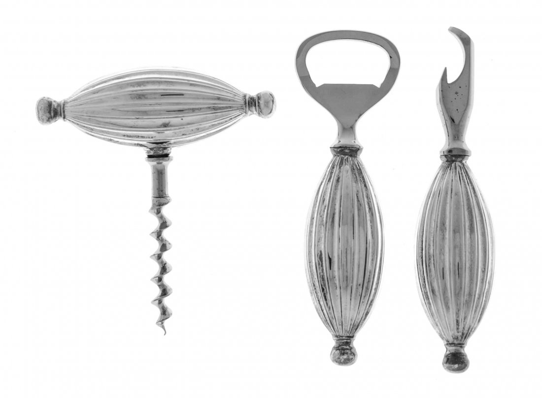 A Spanish Silver Three-Piece Bar Set, Mid 20th Century,: A Spanish Silver Three-Piece Bar Set Mid 20th Century comprising a corkscrew, bottle opener, and can opener, each with bulbous ribbed handles in a fitted box Length of longest 4 3/4 inches