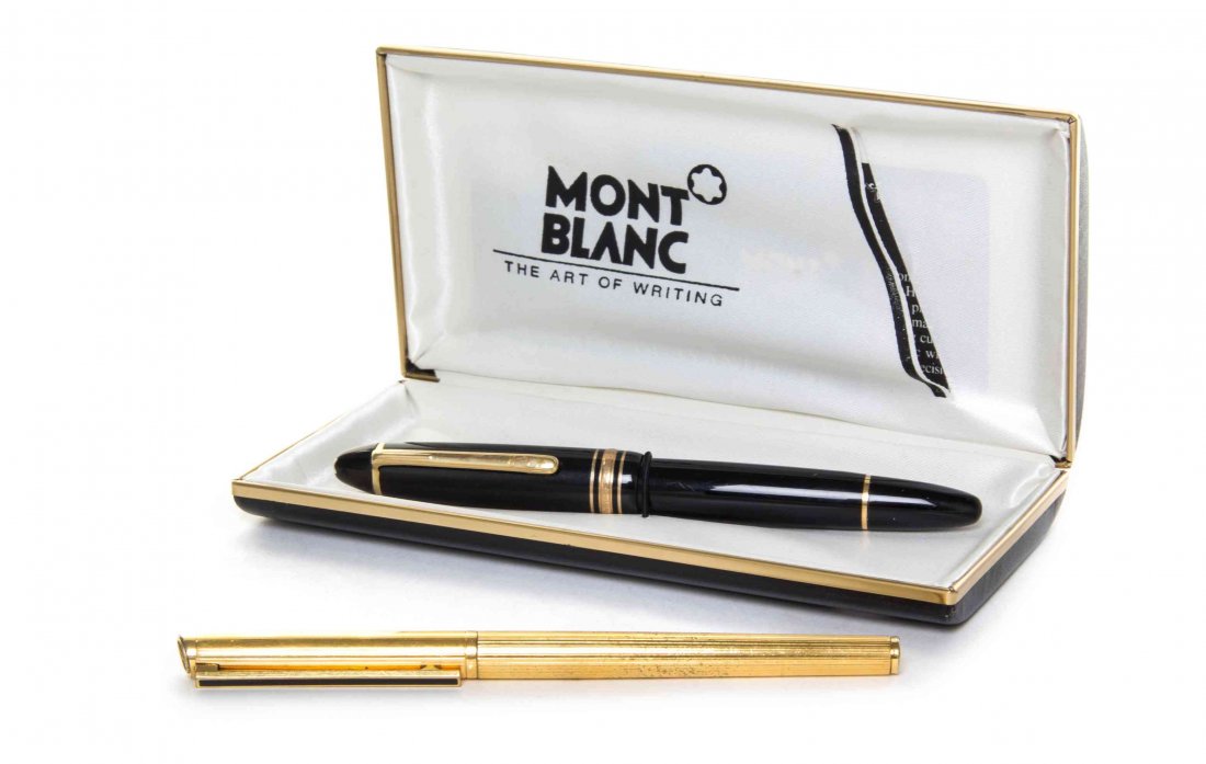 A Gold-Plate Ballpoint Pen and a Black Lacquer Fountain: A Gold-Plate Ballpoint Pen and a Black Lacquer Fountain Pen Dunhill / Mont Blanc, 2nd Half 20th Century the Dunhill pen with ribbed body and pull-off cover, the Mont Blanc with black lacquer sides and