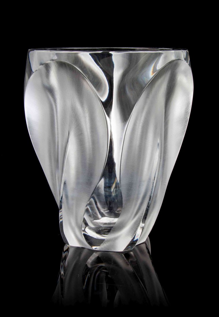 A Lalique Molded and Frosted Glass Vase, Height 10 1/2: A Lalique Molded and Frosted Glass Vase, Ingrid, etched Lalique R. France. Height 10 1/2 inches. Condition: light surface scratches throughout, heavy surface wear to underside, small chip to side of b