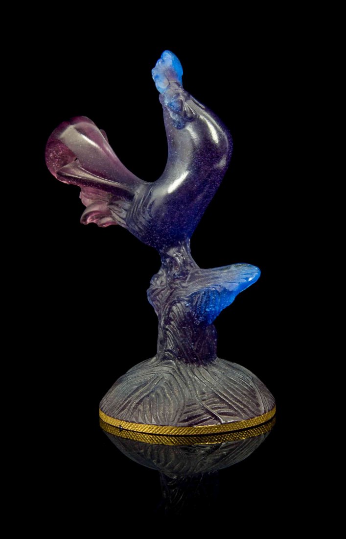 A Daum Pate-de-Verre Figure of a Rooster, Height 6 1/4: A Daum Pate-de-Verre Figure of a Rooster, etched Daum France. Height 6 1/4 inches. Condition: small chip to gilt base rim, tiny chip to top of rooster's comb on head, otherwise overall good, stable, c