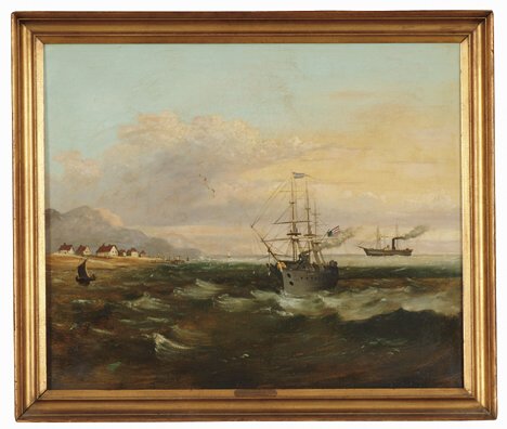 ATTRIBUTED TO SAMUEL FINLEY BREESE MORSE (1791-18: ATTRIBUTED TO SAMUEL FINLEY BREESE MORSE (1791-1872) USS NIAGARA LAYING ATLANTIC CABLE Oil on canvas, framed. Some paint loss. 25 x 30 in. PROVENANCE: NOTE: In the summer of 1858, the first successfu