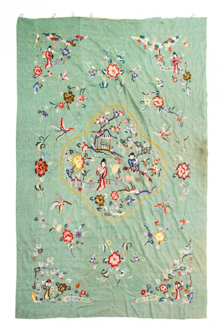 A Chinese Shoulao Panel Height of first 106 inches.: A Chinese Shoulao Panel depicting the god of longevity in couched silk threads, the deity depicted bearing a craggy branch, in shou medallion robes, a spotted deer and an attendant bearing peaches at