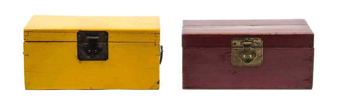 A Collection of Two Chinese Wood Trunks Width of: A Collection of Two Chinese Wood Trunks each of rectangular form with brass hardware. Width of largest 25 1/4 inches. Property from the Estate of James J. McKiernan, Kansas City, Missouri