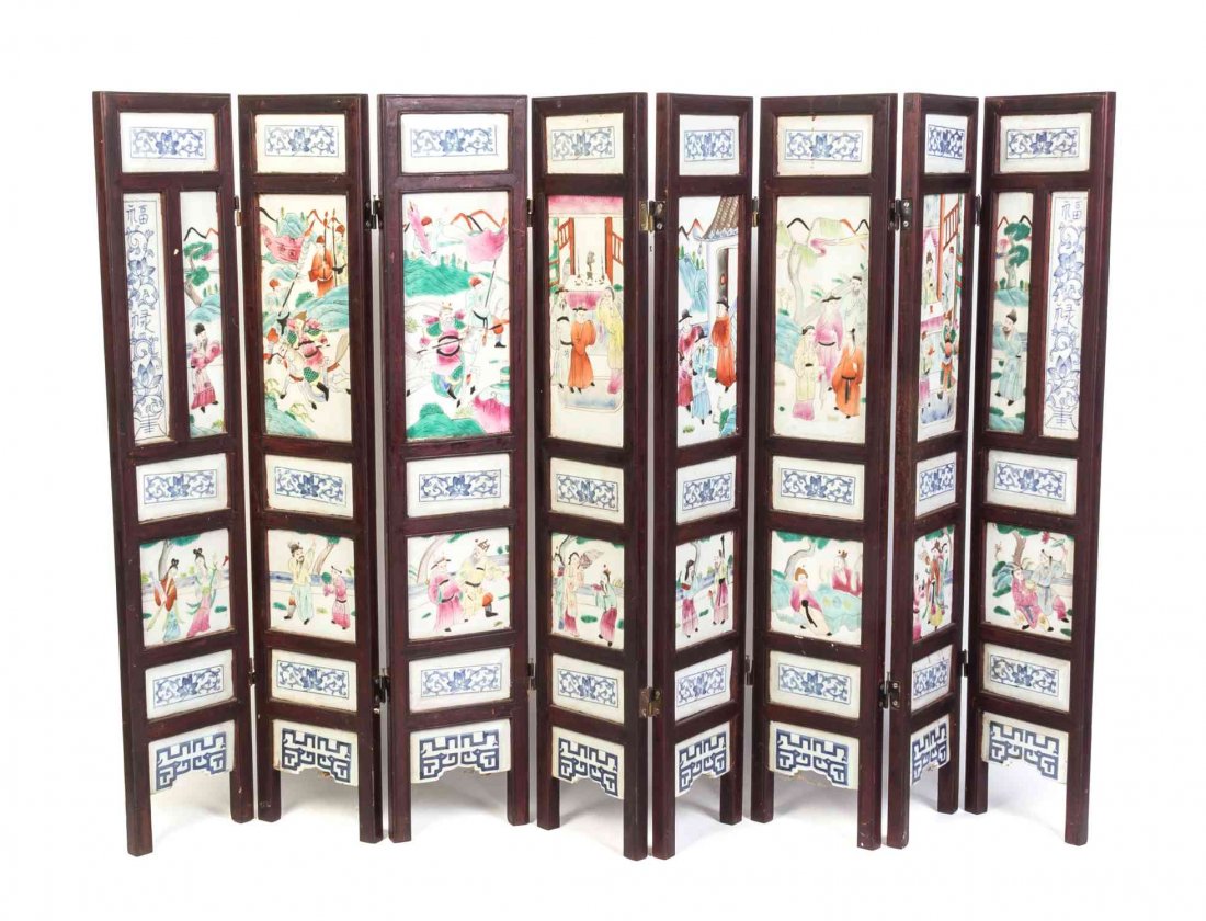 A Chinese Eight-Panel Porcelain Inset Table Screen: A Chinese Eight-Panel Porcelain Inset Table Screen decorated with various figural scenes. Height of each panel 31 x width 6 1/2 inches. Property from the Estate of James J. McKiernan, Kansas City, Mis