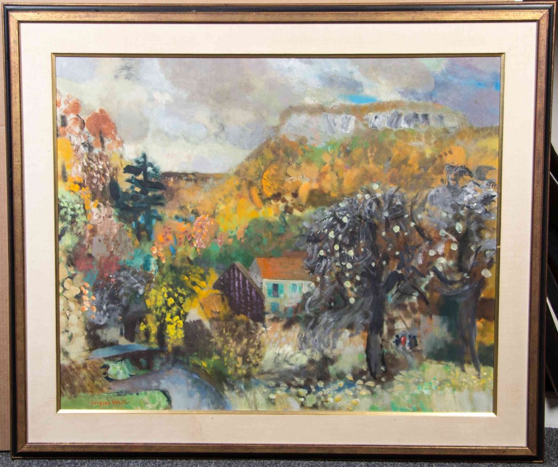 Jacques Petit, (French, b. 1925), Landscape with: Jacques Petit (French, b. 1925) Landscape with Building and Figures oil on canvas signed Jacques Petit (lower left) 31 1/4 x 38 3/4 inches.
