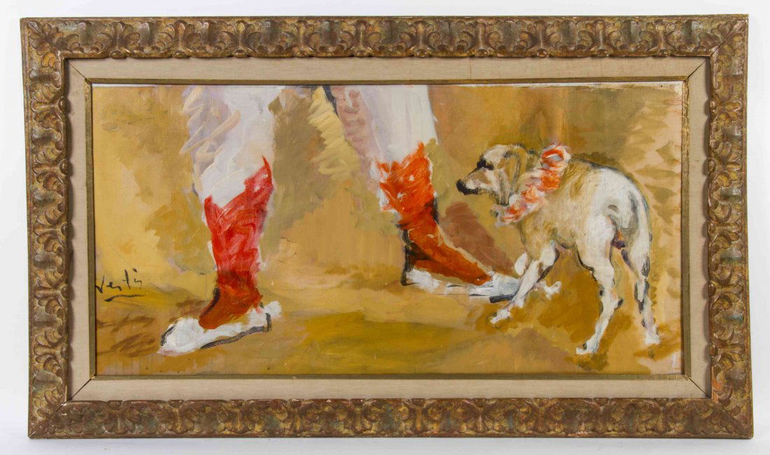 Marcel Vertes, (French, 1895-1961), Clown and Dog: Marcel Vertes (French, 1895-1961) Clown and Dog oil on canvas signed Vertis (lower left) 19 x 36 1/2 inches.