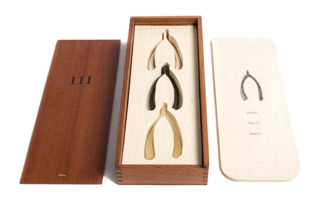 Lorna Simpson, (American, b. 1960), III (Three: Lorna Simpson (American, b. 1960) III (Three Wishbones in a Wooden Box), 1994 wood, felt, ceramic, rubber and bronze edition of 5000 2 1/4 x 13 3/4 x 5 1/2 inches. Provenance: Peter Norton Family Foun