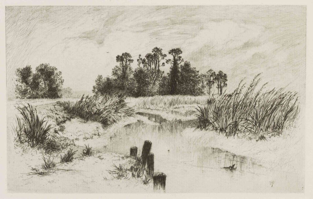 Thomas Moran, (American, 1837-1926), Passaic Meadows: Thomas Moran (American, 1837-1926) Passaic Meadows etching 5 1/2 x 8 1/2 inches. Condition: Height of frame 14 3/4 x width 19 x depth 1 1/2 inches. Approximate weight 4 inches.
