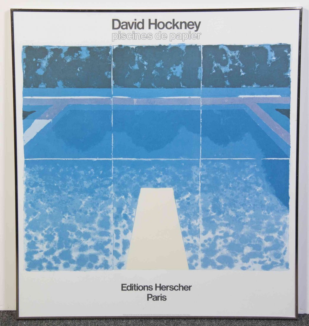 David Hockney, (British, b. 1937), Piscines de Papier: David Hockney (British, b. 1937) Piscines de Papier poster editions Herscher Paris 27 1/2 x 32 inches. Condition: not examined out of frame, approx. 6" scratch in upper left corner, fading consistant