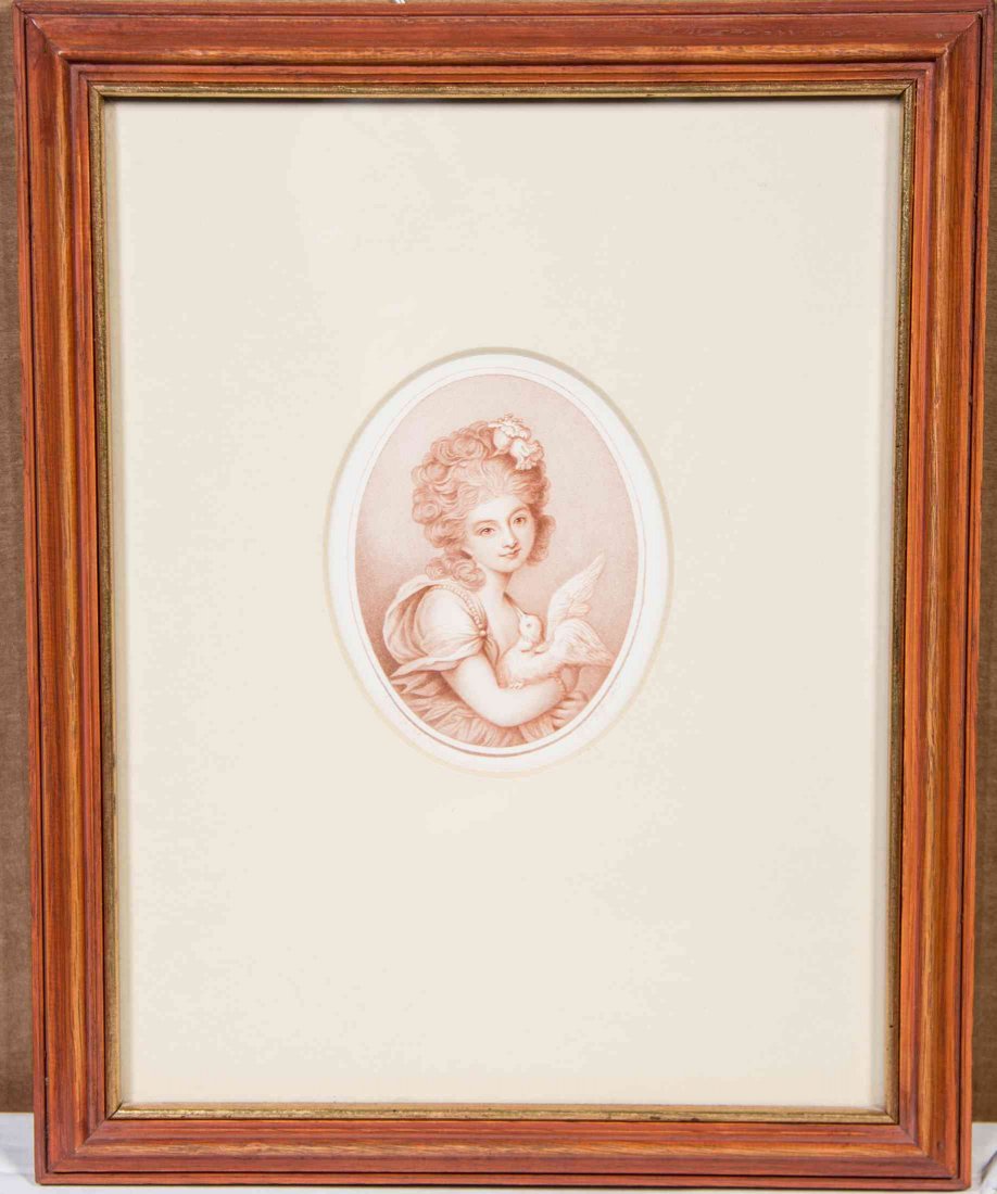 After Richard Cosway, (British, 1742-1821), Portrait of: After Richard Cosway (British, 1742-1821) Portrait of a Girl with a Bird color engraving; Edwin Roffe, sculp. 4 3/8 x 3 3/8 inches. Property from the Estate of Alice Lynne McKee, London, England and L