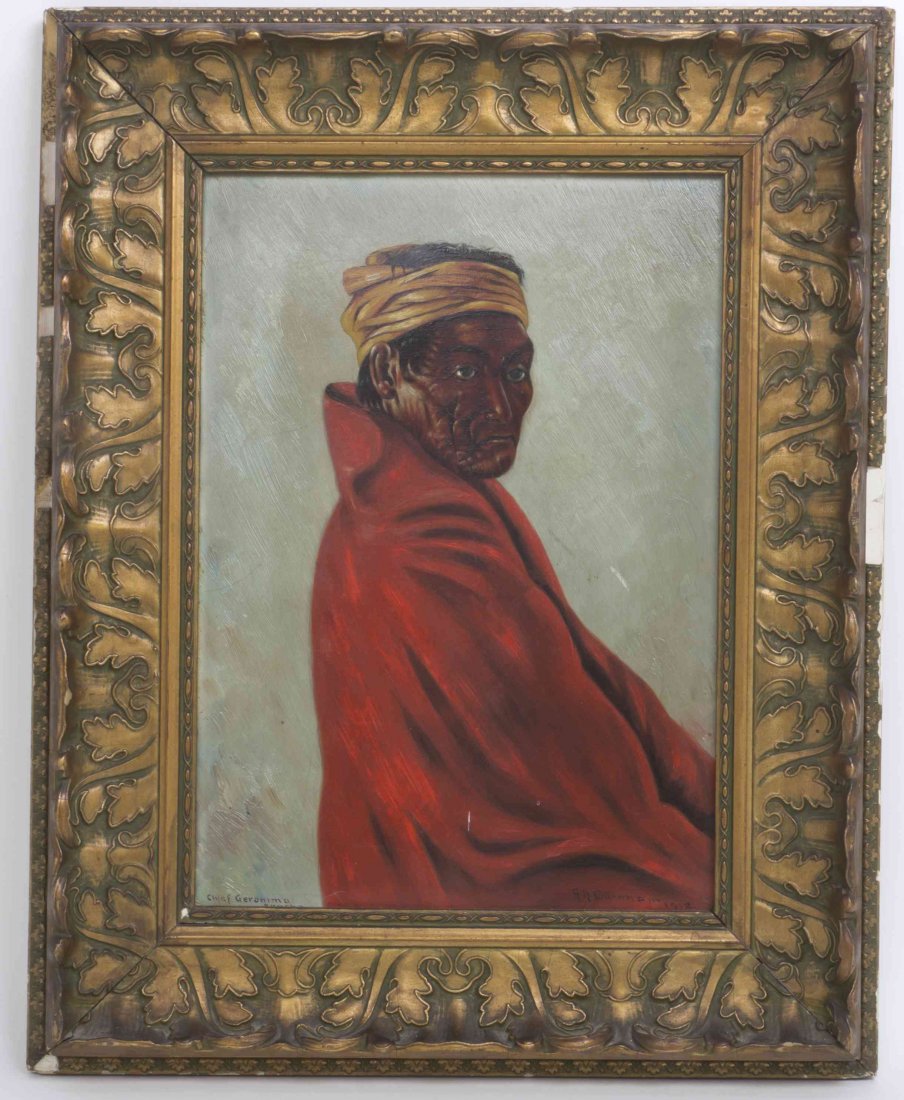 A. A. Burnham, (19th/20th century), Portrait of Chief: A. A. Burnham (19th/20th century) Portrait of Chief Geronimo, 1912 oil on board signed A. A. Burnham and dated (lower right) 13 5/8 x 9 1/2 inches. Property from the Estate of Mary Blain Mead, Grosse 