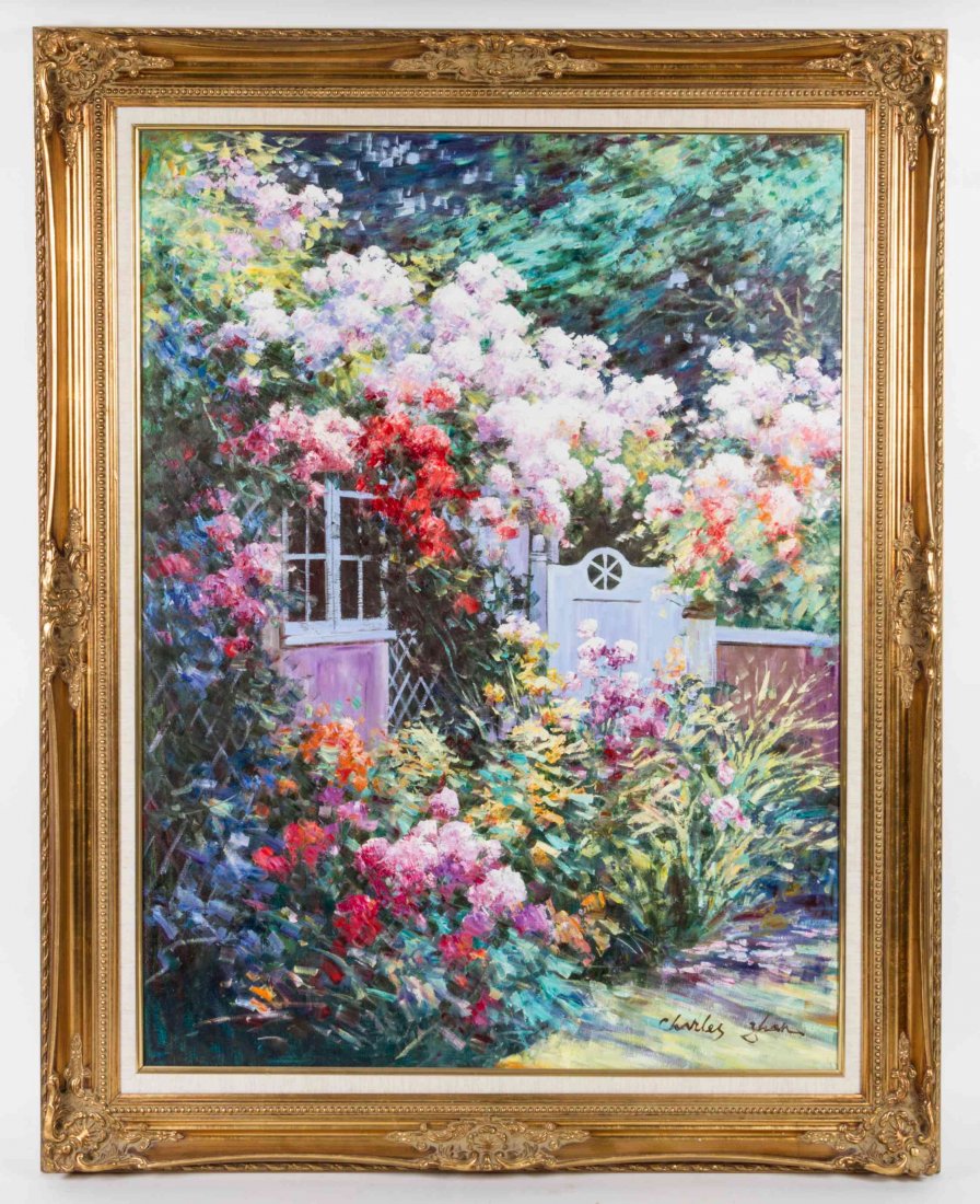 Charles Zhan, (American/Chinese, b. 1959), Garden View: Charles Zhan (American/Chinese, b. 1959) Garden View oil on canvas signed Charles Zhan (lower right) 40 1/8 x 30 1/4 inches. Property from the Estate of Mary Anne Kirchschlager, Chicago, Illinois