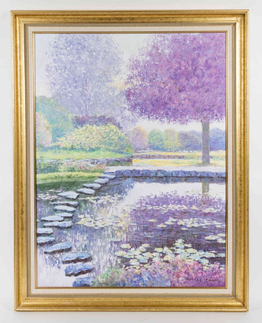 Charles Zhan, (American/Chinese, b. 1959), Pond Scene: Charles Zhan (American/Chinese, b. 1959) Pond Scene with Trees and Flower oil on canvas signed Charles Zhan (lower right) 40 x 30 inches. Property from the Estate of Mary Anne Kirchschlager, Chicago, 