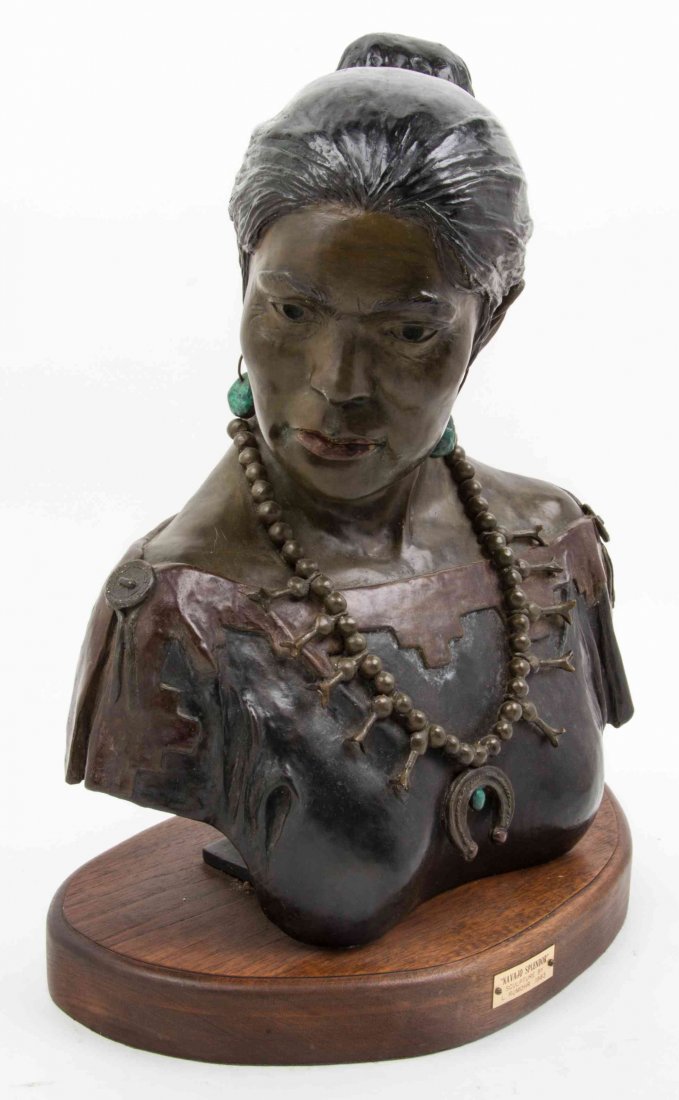 Lois Montoya Rumohr, (American, 1922-2012), Navajo: Lois Montoya Rumohr (American, 1922-2012) Navajo Splendor, 1983 bronze edition 4/6, signed L. Rumohr and dated Height of bust 17 1/2 inches. Property from the Estate of Elizabeth van Ella, Chicago, Il