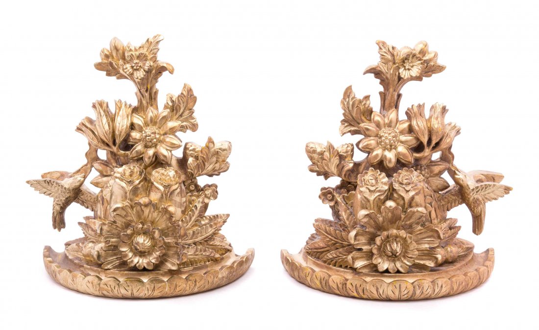 A Pair of Italian Giltwood Wall Brackets Height 13: A Pair of Italian Giltwood Wall Brackets 20TH CENTURY each with a demilune shelf over a bird and floral support. Height 13 inches.