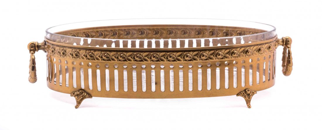 A Gilt Metal and Glass Centerpiece Bowl Width 13: A Gilt Metal and Glass Centerpiece Bowl with wreath handles. Width 13 inches.