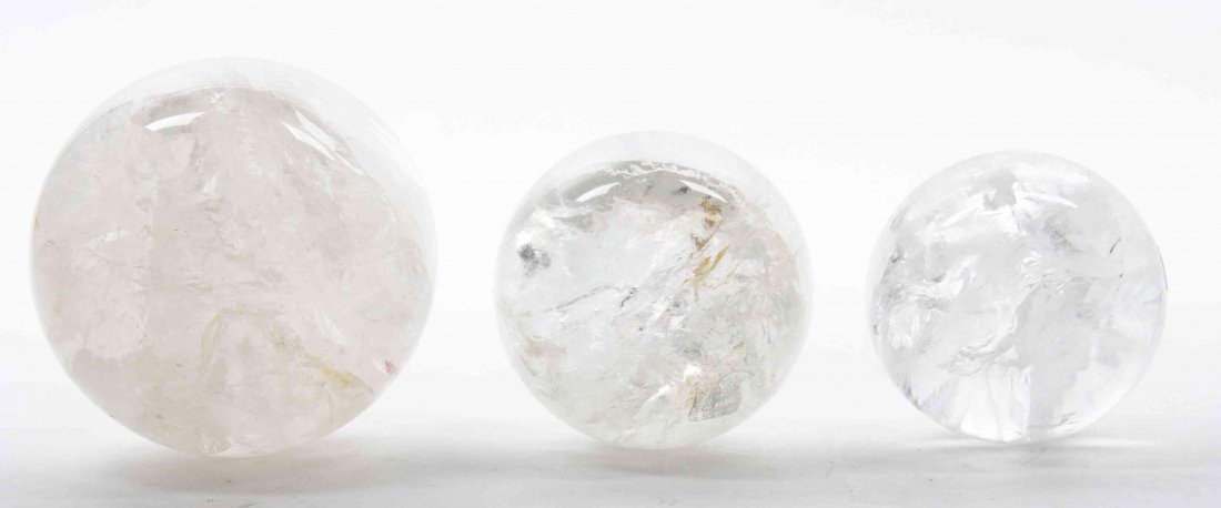 Three Rock Crystal Balls. Diameter of largest 4 1/2: Three Rock Crystal Balls. Diameter of largest 4 1/2 inches.