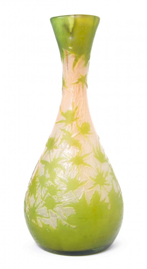 A Galle Fire Polished Cameo Glass Vase Height 15 inches: A Galle Fire Polished Cameo Glass Vase of bottle form with a pinched lip, with thistle decoration throughout, signed Galle in cameo. Height 15 inches