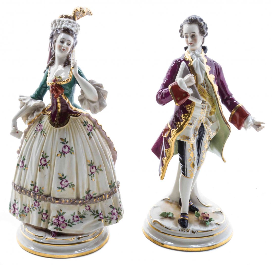 A Pair of German Porcelain Figures, Franz Witter Height: A Pair of German Porcelain Figures, Franz Witter FIRST HALF OF 20TH CENTURY depicting a standing lady and gentleman in 18th century attire. Height of taller 9 1/2 inches.