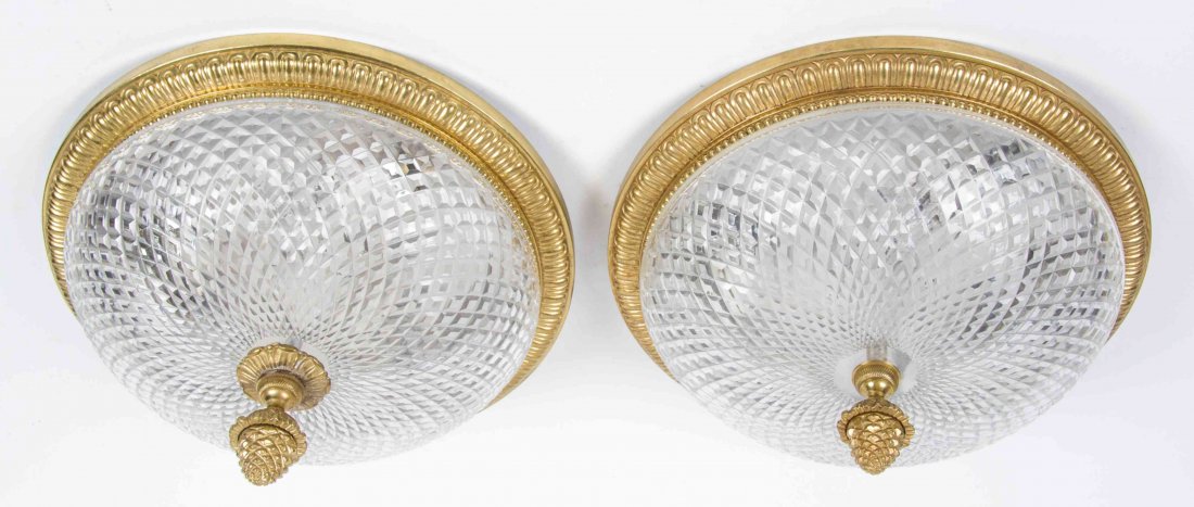 Two Brass and Glass Flush Mounts Diameter 12 3/4: Two Brass and Glass Flush Mounts of circular form having pine cone finials. Diameter 12 3/4 inches.