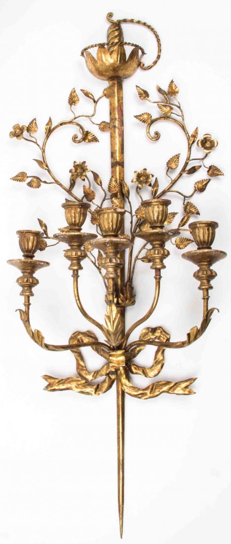 A Pair of Italian Giltwood and Tole Five-Light Sconces: A Pair of Italian Giltwood and Tole Five-Light Sconces each having a ribbon-tied sword form backplate issuing the candle arms and flowering branches. Height 40 inches.