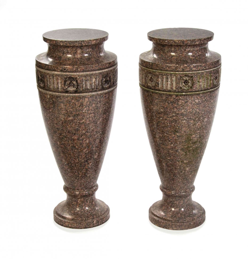 A Pair of Turned Marble Urns Height 29 1/2 inches.: A Pair of Turned Marble Urns of baluster form with carved decoration at the shoulder. Height 29 1/2 inches. Property from the Collection of Marilyn Karos, Whitefish Bay, Wisconsin