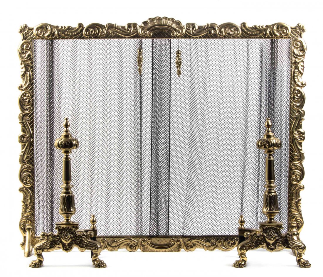 A Louis XV Style Gilt Bronze Firescreen Height first 31: A Louis XV Style Gilt Bronze Firescreen having a rectangular foliate scroll frame set on downward swept feet, together with two andirons. Height first 31 1/2 inches.