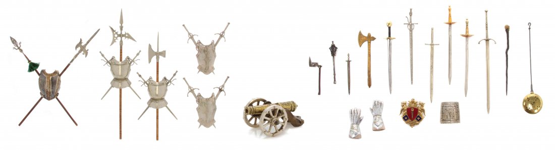 A Collection of Miniature Silver and Metal Arms and: A Collection of Miniature Silver and Metal Arms and Armor SOME BY WES HART including breast plates, halberds, swords, a mace, a pair of gauntlets and others, together with a model of a cannon and a co