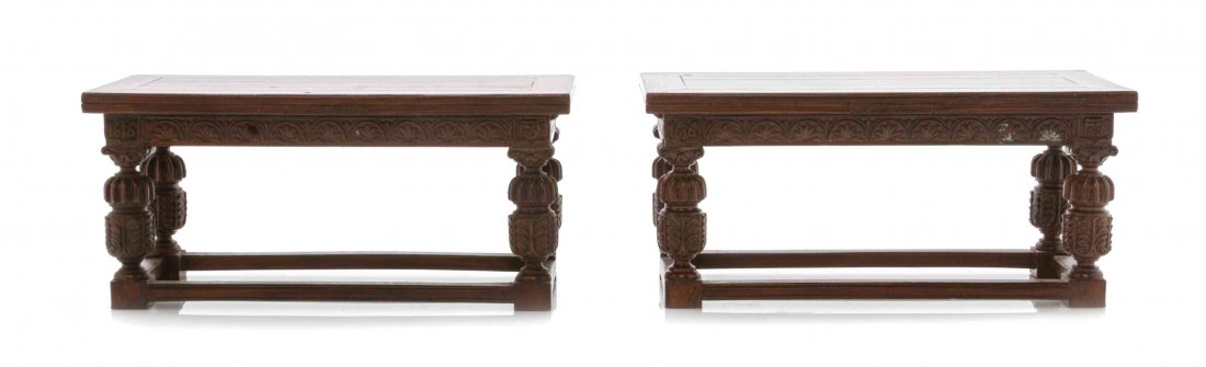A Pair of Miniature Jacobean Style Resin Refectory: A Pair of Miniature Jacobean Style Resin Refectory Tables JOHN J. HODGSON, 1997 each with a rectangular top over a foliate worked frieze, raised on cup and cover supports joined by stretchers. Height