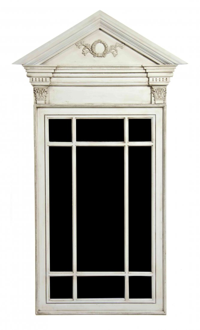 A Neoclassical Style Painted Pier Mirror Height 73 x: A Neoclassical Style Painted Pier Mirror LATE 20TH CENTURY with a peaked pediment over a segmented rectangular plate. Height 73 x width 41 1/2 inches. Property from the Estate of Alice Lynne McKee, Lo