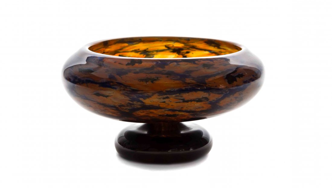 A Charles Schneider Glass Compote Height 4 1/2 inches.: A Charles Schneider Glass Compote of squat form, with a mottled ground, raised on a circular foot, etched Schneider France. Height 4 1/2 inches.