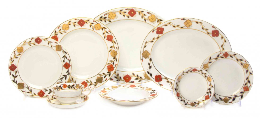 A Royal Crown Derby Porcelain Dinner Service Width of: A Royal Crown Derby Porcelain Dinner Service in the Asian Rose pattern, comprising nine dinner plates, twelve soup bowls, eleven dessert plates, twelve salad plates, twelve finger bowls, twelve cups a