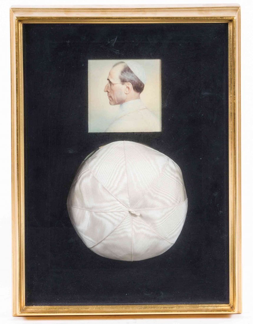 A Framed Pope's Hat, Pope Pius XII Diameter of hat 6: A Framed Pope's Hat, Pope Pius XII framed with an image of the pope. Diameter of hat 6 inches. Property from the Estate of Mary Anne Kirchschlager, Chicago, Illinois