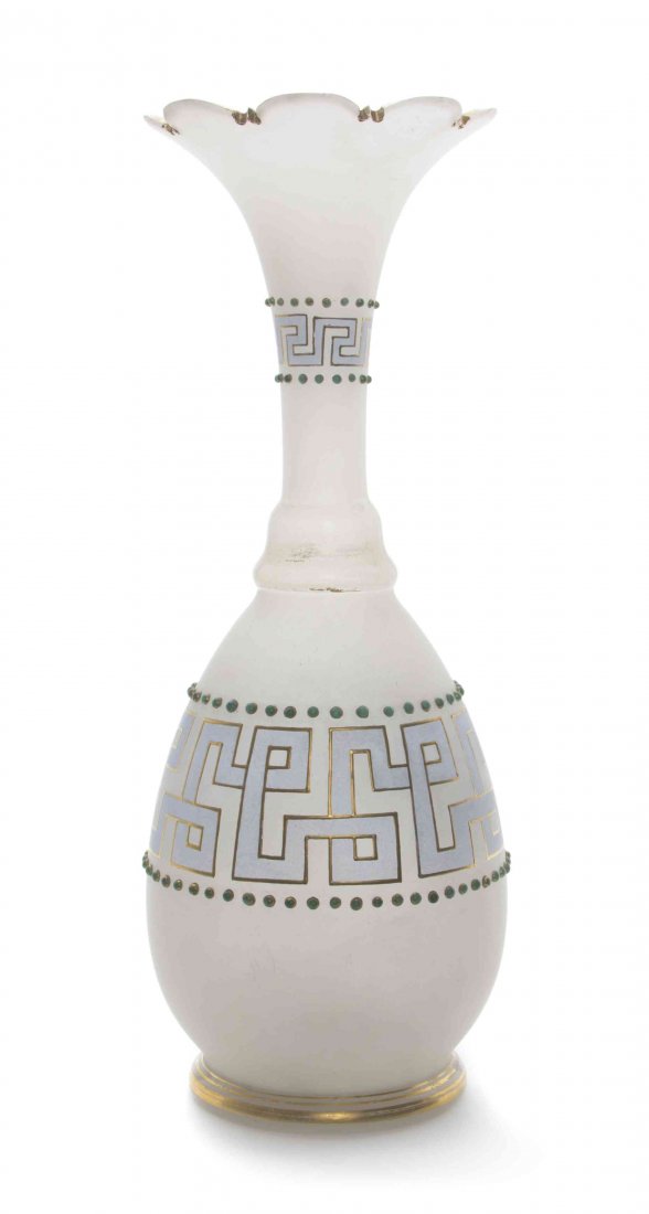 A Bohemian Opaline Glass Vase Height 14 3/4 inches.: A Bohemian Opaline Glass Vase of baluster form with gilt, enameled and jeweled decoration. Height 14 3/4 inches.