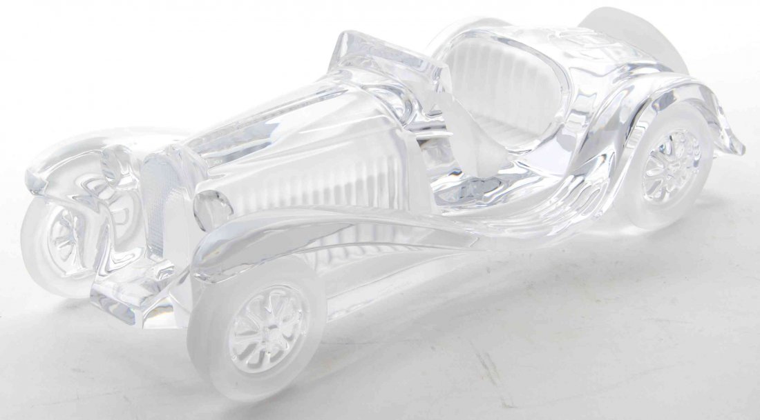 A Daum Glass Figure of A Bugatti 55 Roadster Length 12: A Daum Glass Figure of A Bugatti 55 Roadster etched Daum France. Length 12 inches. Condition: appears to be in good complete condition; very light wear to wheels and light sticker residue above signat
