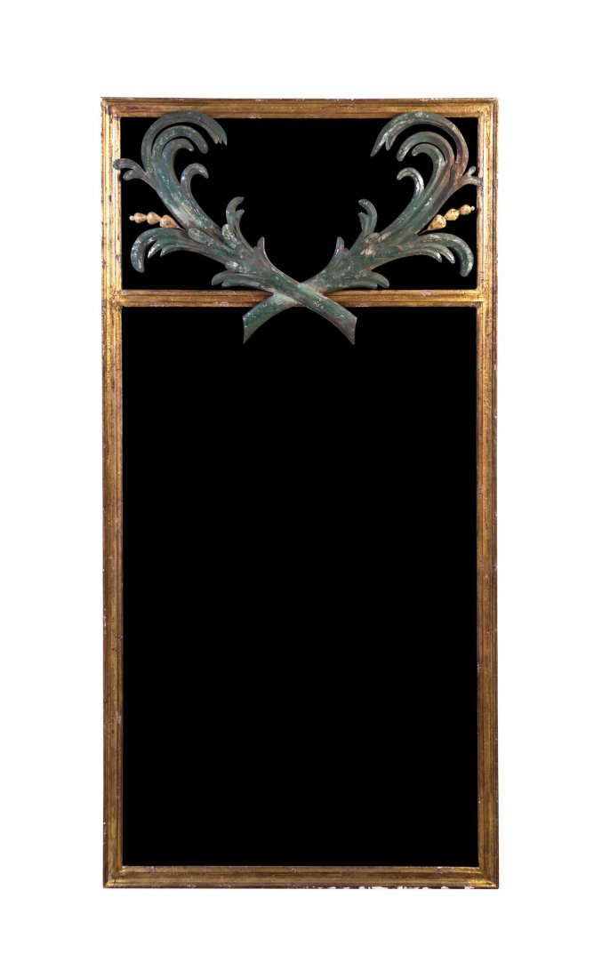 A Victorian Style Giltwood Pier Mirror Height 62 x: A Victorian Style Giltwood Pier Mirror having a two-part vertical plate under a tin leaf applique. Height 62 x width 31 inches. Property from the Estate of James J. McKiernan, Kansas City, Missouri