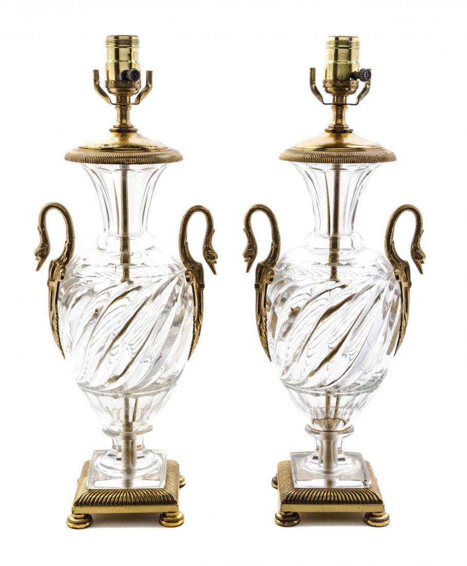 A Pair of French Gilt Bronze Mounted Glass Urns Height: A Pair of French Gilt Bronze Mounted Glass Urns each of baluster form with swan handles, mounted as lamps. Height overall 29 1/2 inches. Property from the Estate of James J. McKiernan, Kansas City, Mi