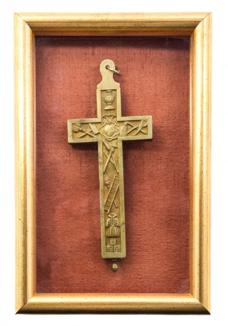 A Continental Brass Reliquary Height 6 1/8 inches.: A Continental Brass Reliquary set in a shadow box frame. Height 6 1/8 inches. Property from the Estate of James J. McKiernan, Kansas City, Missouri