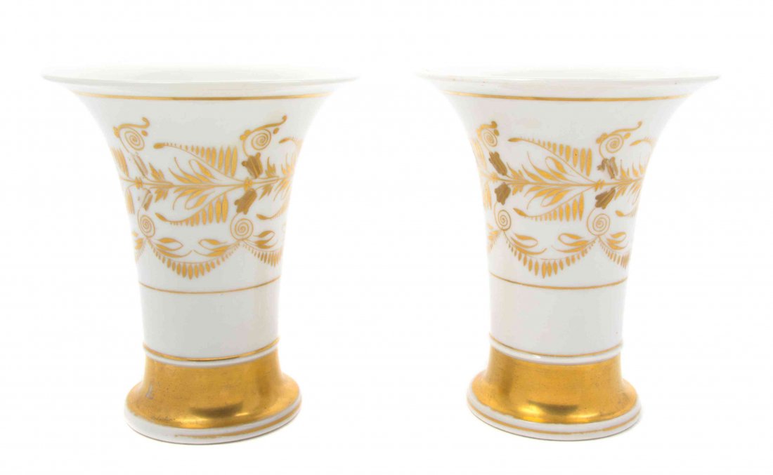 A Pair of Paris Porcelain Trumpet Vases, Height 7 3/4: A Pair of Paris Porcelain Trumpet Vases, each with gilt decoration and banding. Height 7 3/4 inches. Property from the Estate of James J. McKiernan, Kansas City, Missouri